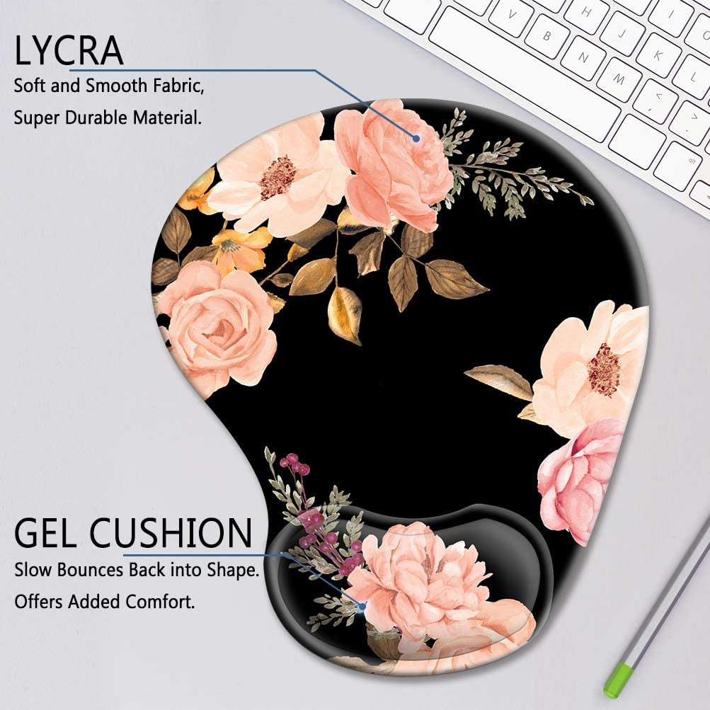 Ergonomic Mouse Pad with Gel Wrist Rest Support,  Cute Mouse Pads with Non-Slip Rubber Base Wrist Rest Pad for Home, Office & Travel Easy Typing & Pain Relief, Peony
