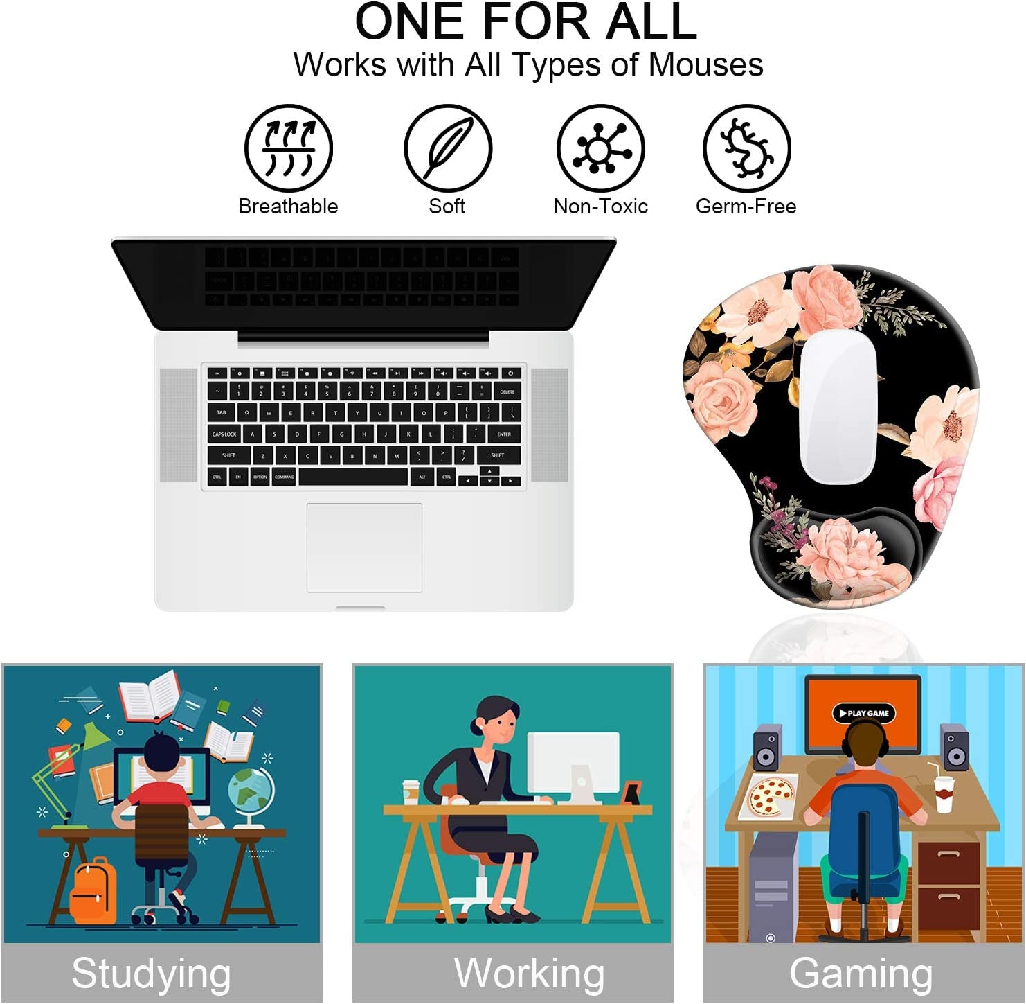 Ergonomic Mouse Pad with Gel Wrist Rest Support,  Cute Mouse Pads with Non-Slip Rubber Base Wrist Rest Pad for Home, Office & Travel Easy Typing & Pain Relief, Peony